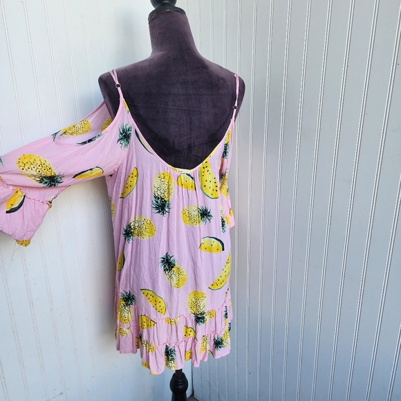 Solitaire Swim Cover Up Dress Pink Yelloe Pinapple Mellon Print Lighweight Sz M - Picture 6 of 11